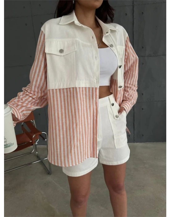 GABARDİN ŞORT  GABARDİN  ÇİZGİİ KETEN GARNİİ CEKET TAKIM  Orange