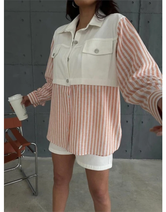 GABARDİN ŞORT  GABARDİN  ÇİZGİİ KETEN GARNİİ CEKET TAKIM  Orange