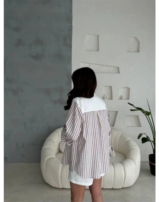 GABARDİN ŞORT  GABARDİN  ÇİZGİLİ KETEN GARNİLİ CEKET TAKI  Kahverengi