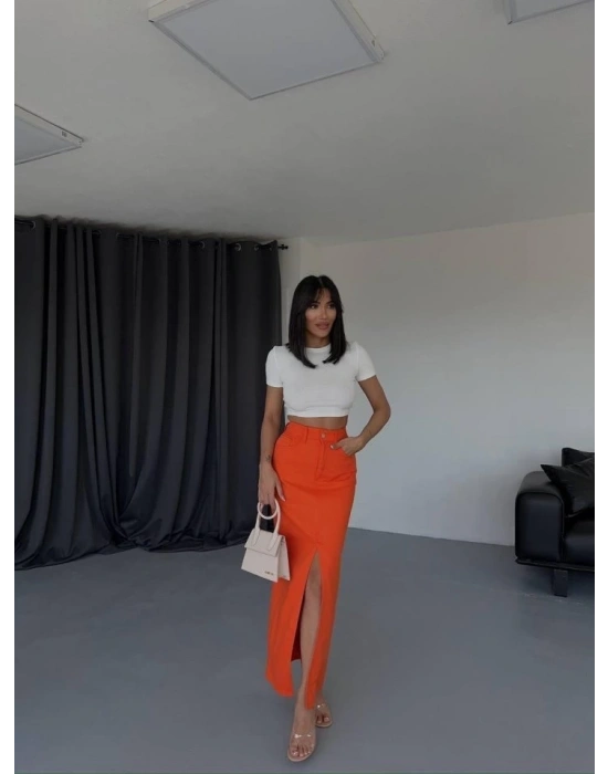 GABARDİN UZUN ÖNDEN YIRTAÇLI ETEK  Turuncu