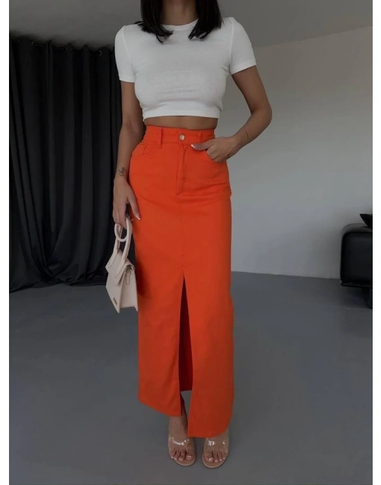 GABARDİN UZUN ÖNDEN YIRTAÇLI ETEK  Turuncu