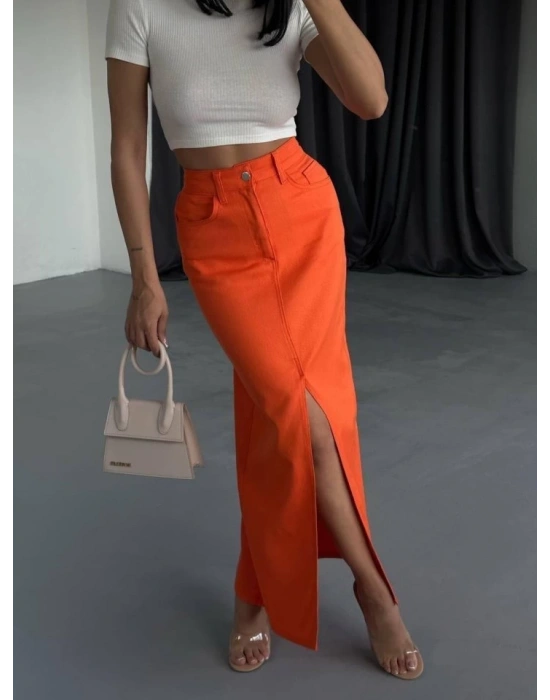 GABARDİN UZUN ÖNDEN YIRTAÇLI ETEK  Turuncu