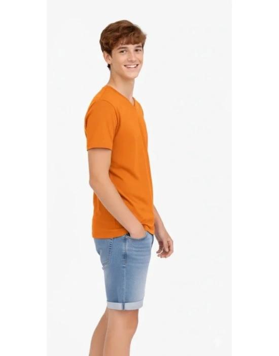 Genç Erkek Çocuk V Yaka Tişört Yazlık odel Günlük Basic Body  Turuncu