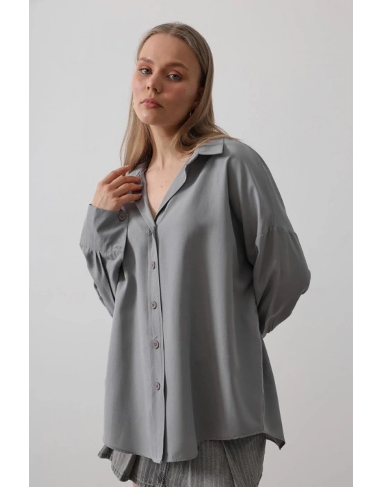 Geniş Manşet Detaylı Gömlek  Gri