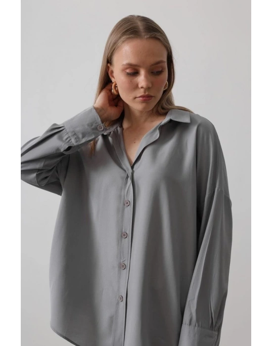 Geniş Manşet Detaylı Gömlek  Gri
