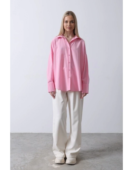 Geniş anşet Detaylı Gömlek  Şeker Pembe