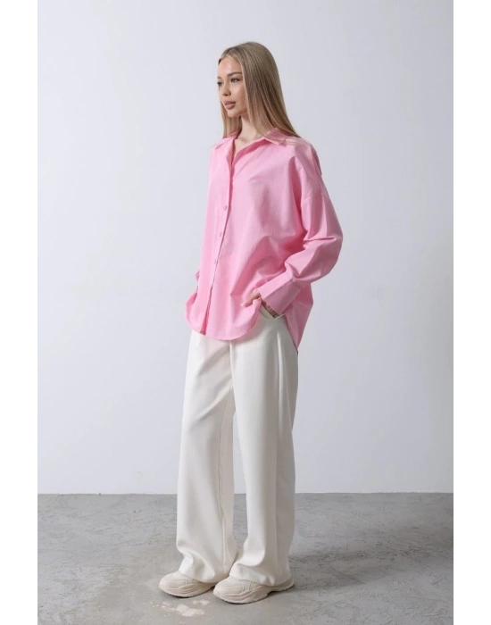 Geniş anşet Detaylı Gömlek  Şeker Pembe