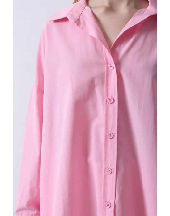 Geniş anşet Detaylı Gömlek  Şeker Pembe