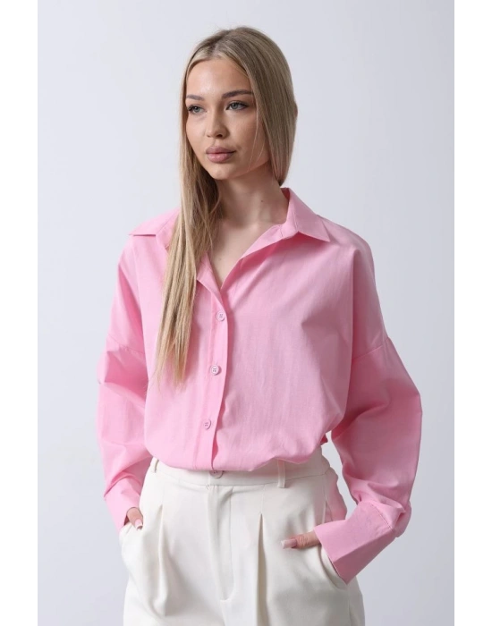 Geniş anşet Detaylı Gömlek  Şeker Pembe