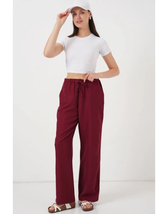 Geniş Paça Keten Pantolon 6735  Bordo