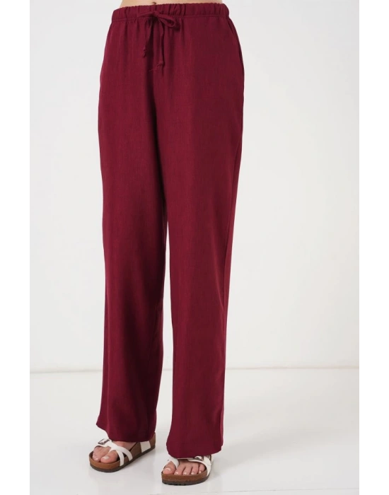 Geniş Paça Keten Pantolon 6735  Bordo
