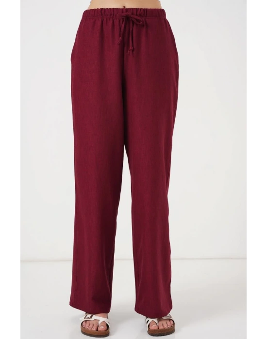 Geniş Paça Keten Pantolon 6735  Bordo