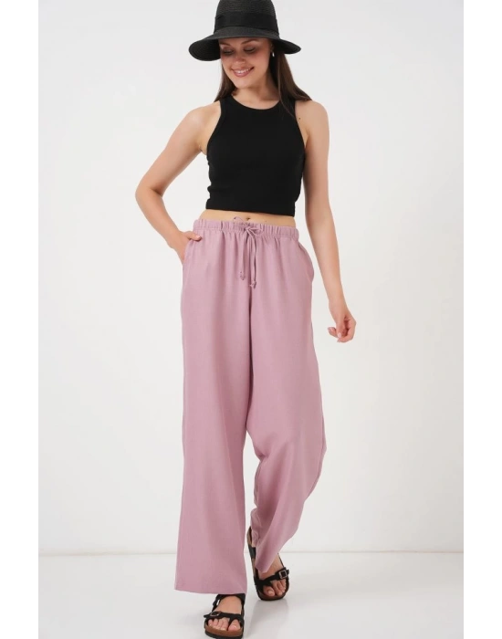 Geniş Paça Keten Pantolon 6735  Gül Kurusu