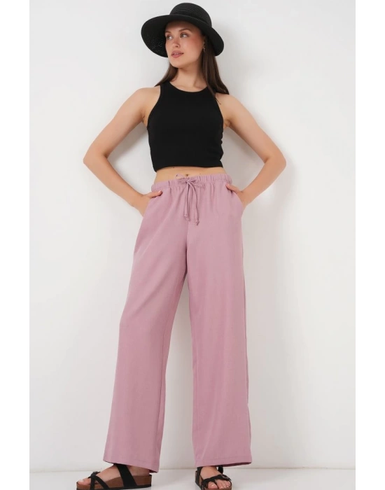 Geniş Paça Keten Pantolon 6735  Gül Kurusu