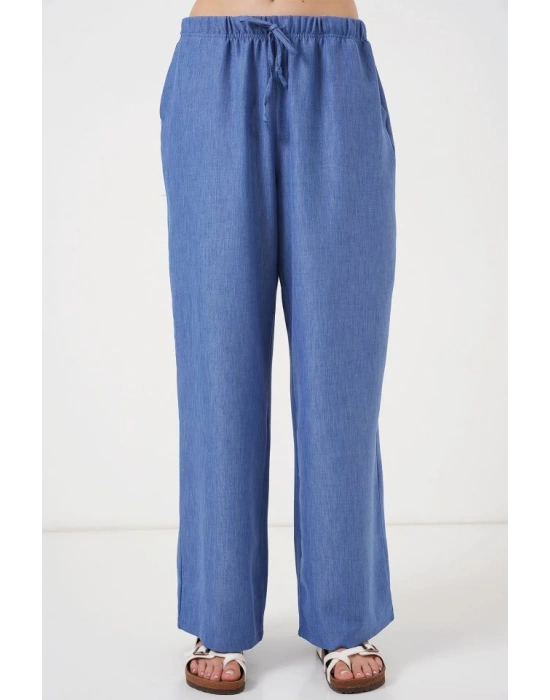 Geniş Paça Keten Pantolon 6735  İndigo
