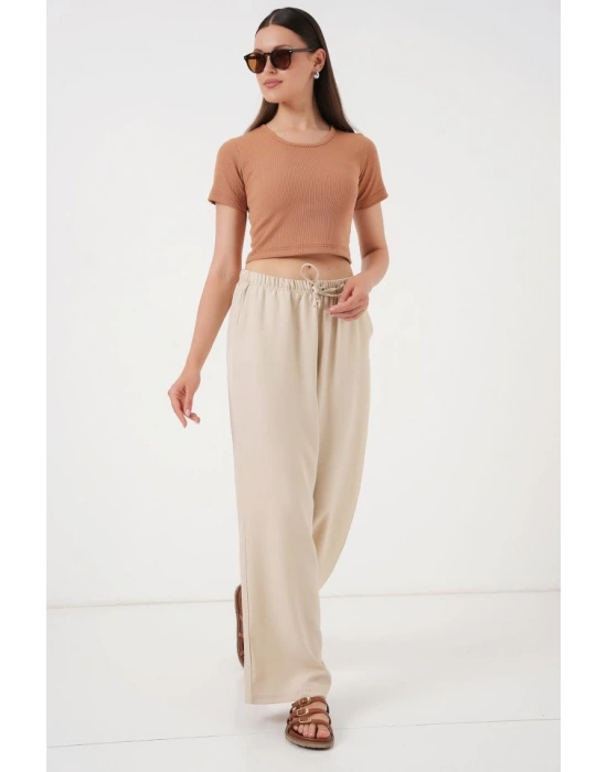 Geniş Paça Keten Pantolon 6735  Krem