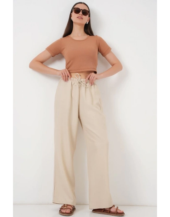 Geniş Paça Keten Pantolon 6735  Krem