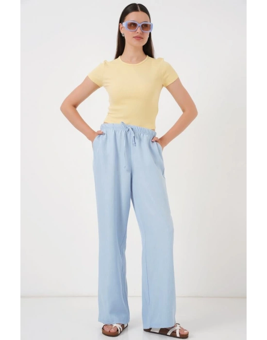 Geniş Paça Keten Pantolon 6735  Mavi