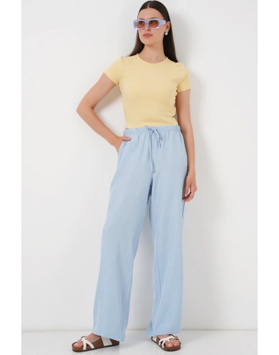Geniş Paça Keten Pantolon 6735  Mavi