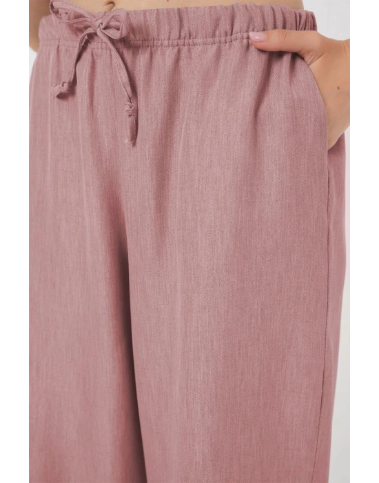 Geniş Paça Keten Pantolon 6735  Pudra