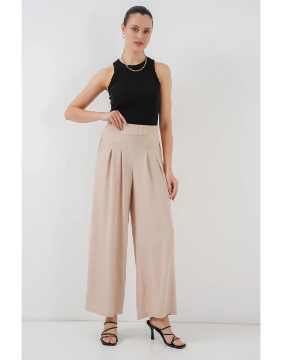 Geniş Paça Pileli Pantolon 6718  Krem