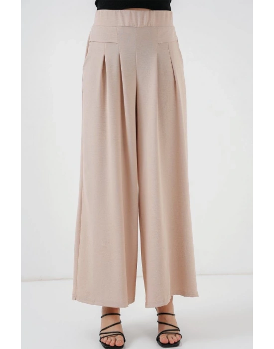 Geniş Paça Pileli Pantolon 6718  Krem