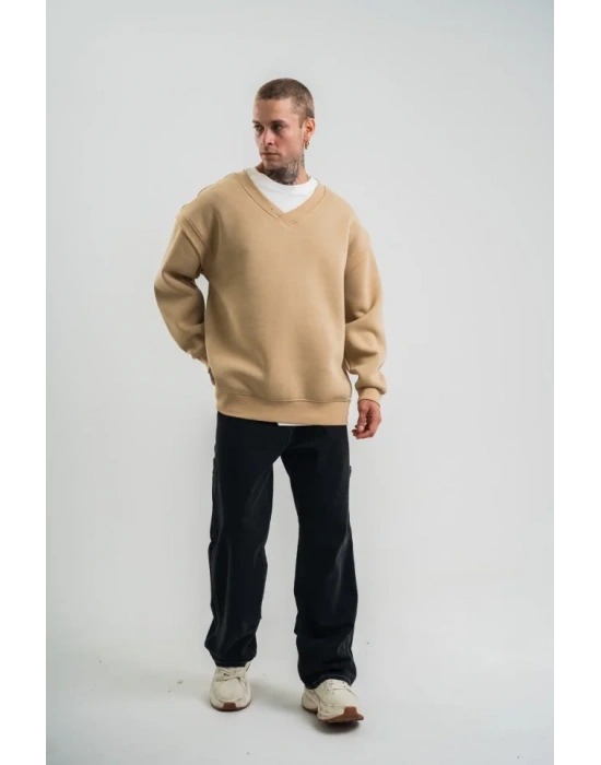 Geniş V Yaka Kol Ribana Detaylı weathirt  Bej