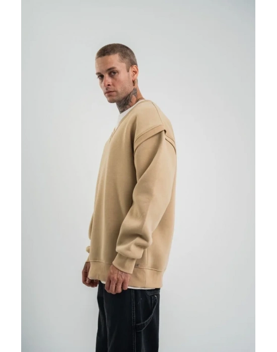 Geniş V Yaka Kol Ribana Detaylı weathirt  Bej