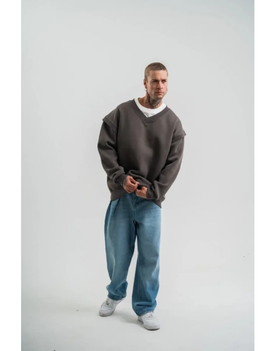 Geniş V Yaka Kol Ribana Detaylı weathirt  Füme