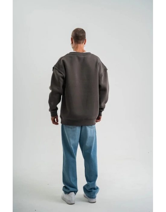 Geniş V Yaka Kol Ribana Detaylı weathirt  Füme