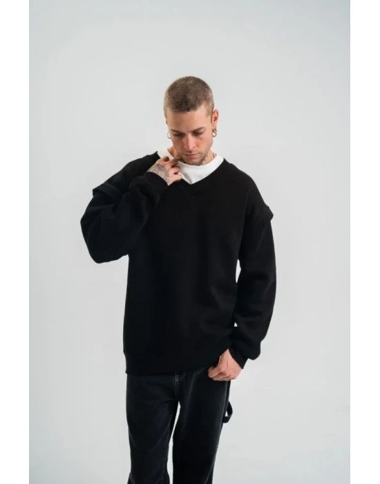 Geniş V Yaka Kol Ribana Detaylı weathirt  iyah