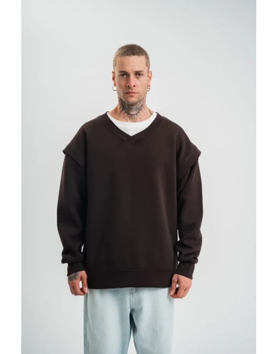 Geniş V Yaka Kol Ribana Detaylı weathirt  Kahve