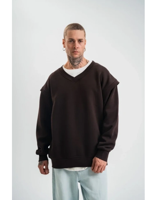 Geniş V Yaka Kol Ribana Detaylı weathirt  Kahve