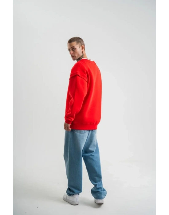 Geniş V Yaka Kol Ribana Detaylı weathirt  Kırmızı