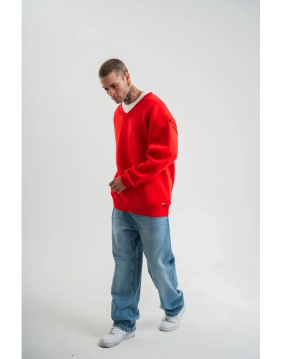 Geniş V Yaka Kol Ribana Detaylı weathirt  Kırmızı