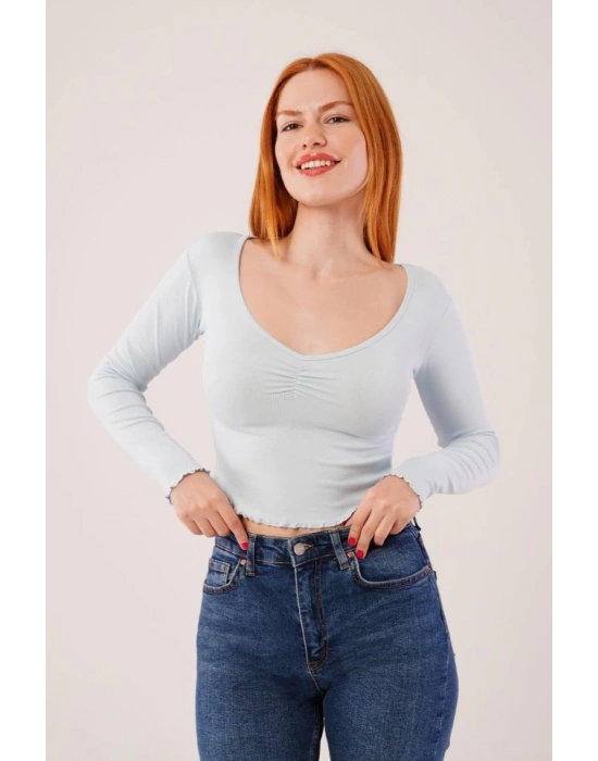 Geniş Yaka Bebe Mavisi Basic Body Bluz