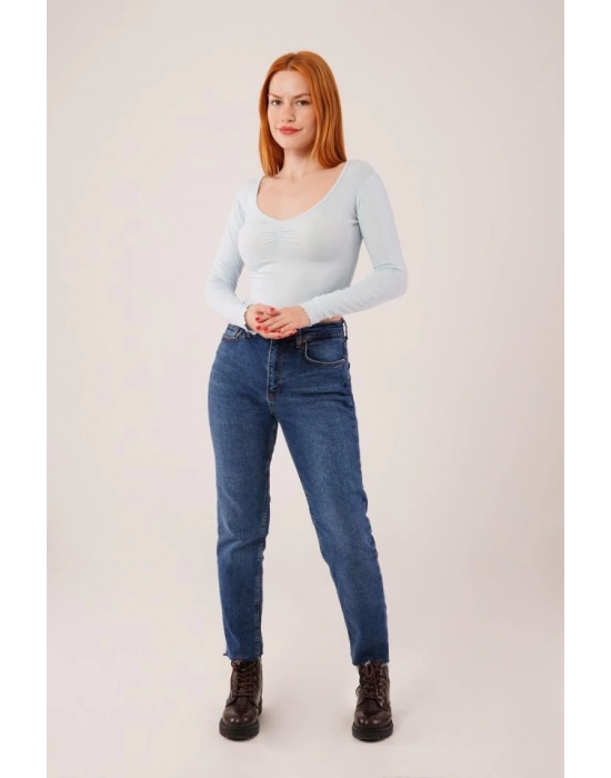 Geniş Yaka Bebe Mavisi Basic Body Bluz