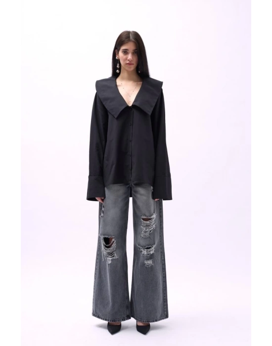 Geniş Yaka Volan Kol Gömlek