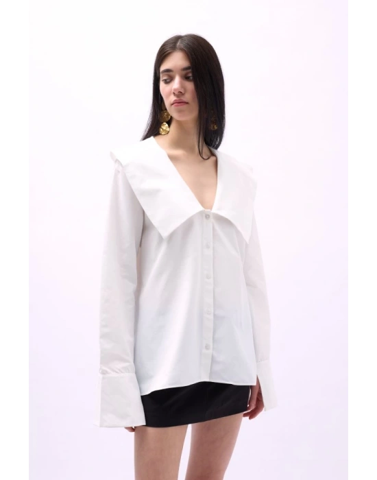 Geniş Yaka Volan Kol Gömlek