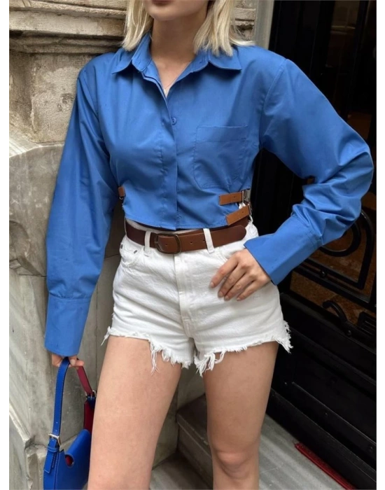 GÖMEK POPİN CROP YAN ÇİFT KEMER DETAYI  Mavi