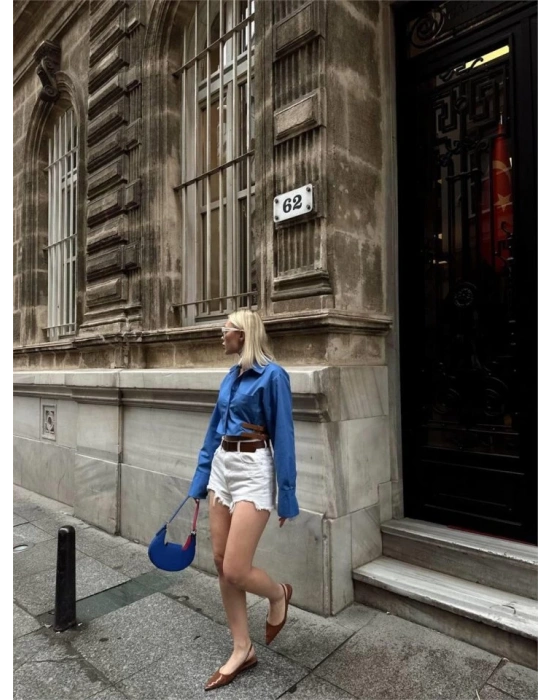 GÖMEK POPİN CROP YAN ÇİFT KEMER DETAYI  Mavi