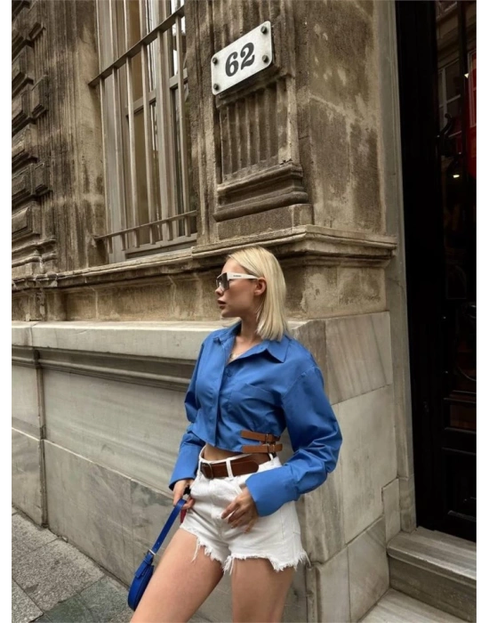 GÖMEK POPİN CROP YAN ÇİFT KEMER DETAYI  Mavi