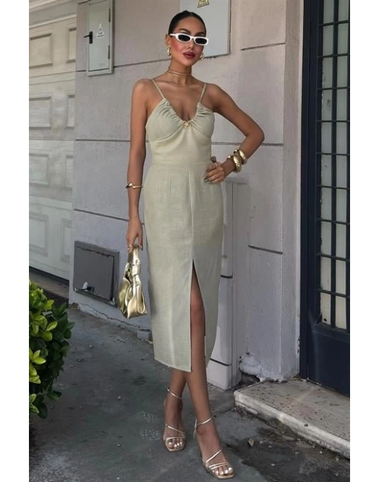 Göğsü Aksesuarlı Önü Yırtmaçlı Elbise 2899