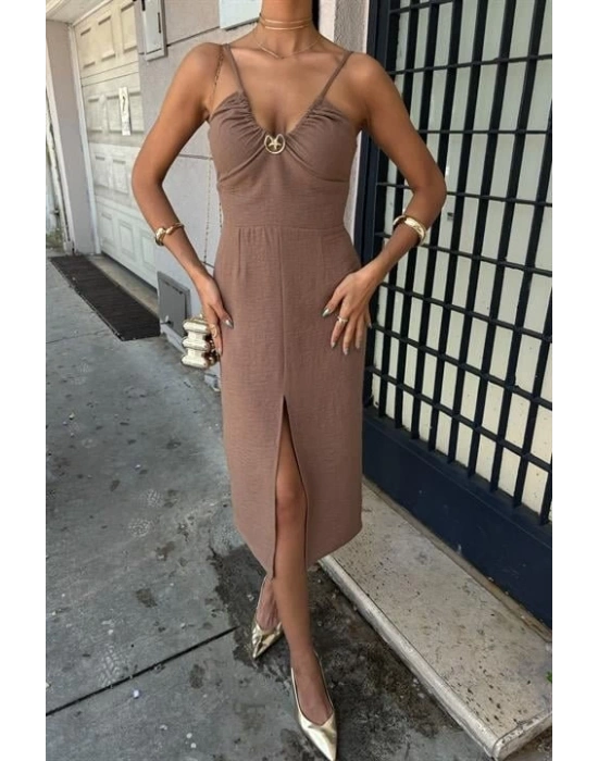 Göğsü Aksesuarlı Önü Yırtmaçlı Elbise 2899