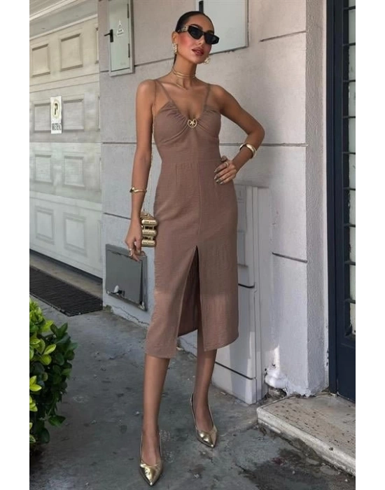 Göğsü Aksesuarlı Önü Yırtmaçlı Elbise 2899