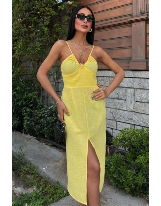 Göğsü Aksesuarlı Önü Yırtmaçlı Elbise 2899