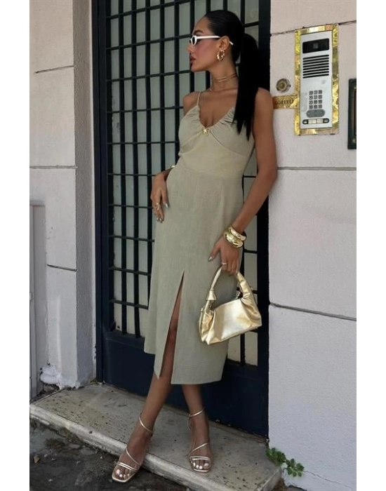 Göğsü Aksesuarlı Önü Yırtmaçlı Elbise 2899