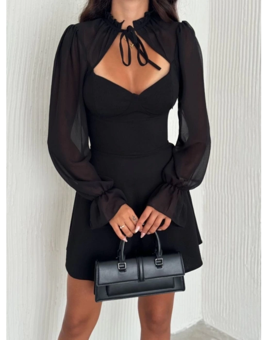 Göğsü Bağlamalı Kalp Yaka Kolları Şifon ini Elbise  iyah