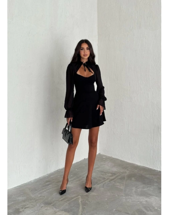 Göğsü Bağlamalı Kalp Yaka Kolları Şifon ini Elbise  iyah