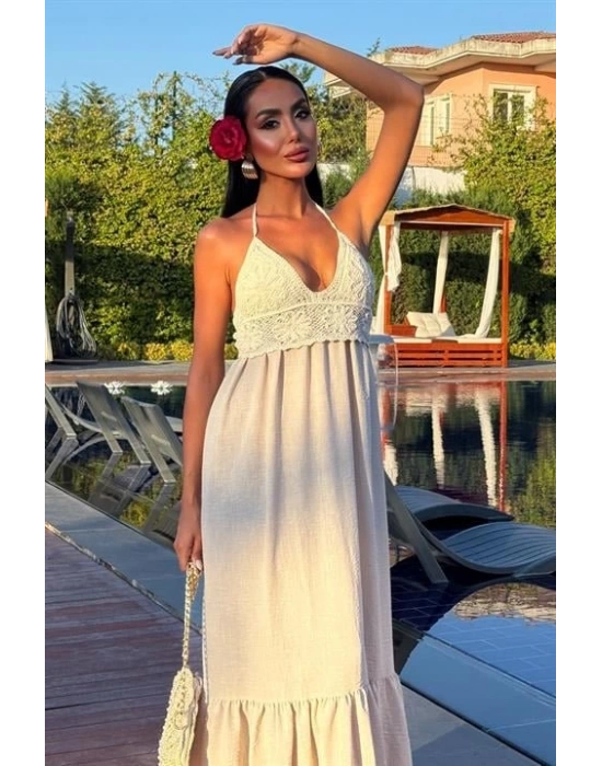 Göğsü Trikolu Keten Uzun Elbise 290408